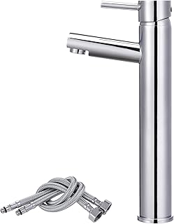 Peppermint Tall Basin Taps Counter Top High Rise Basin Mixer Tap Bathroom Sink Taps, Chrome Single Lever Bathroom Tap with Standard Hoses for Bathroom Basin, Countertop and Vessel Sink, Deck Mounted