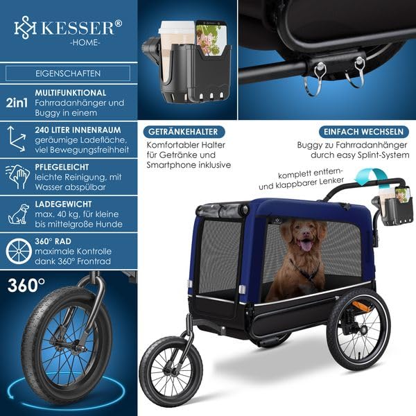 KESSER® Hundeanhänger Boxer 3-in-1 Hundebuggy & Jogger Fahrradanhänger groß ca. 240 Liter Volumen, gefedert, Material: 600D Oxford Canvas, SmartSpace Concept, maximale Belastbarkeit: 40 kg