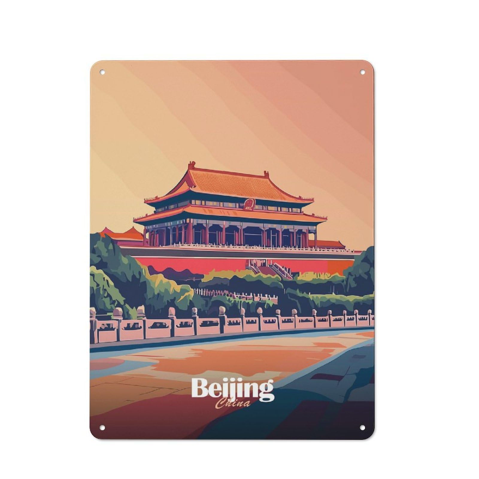 Junmoney Style-1 Beijing Forbidden City Illustration Rustic Metal Wall Sign 40X30cm For Bar Or Restaurant, A Decorative Metal Sign For Bars And Restaurants