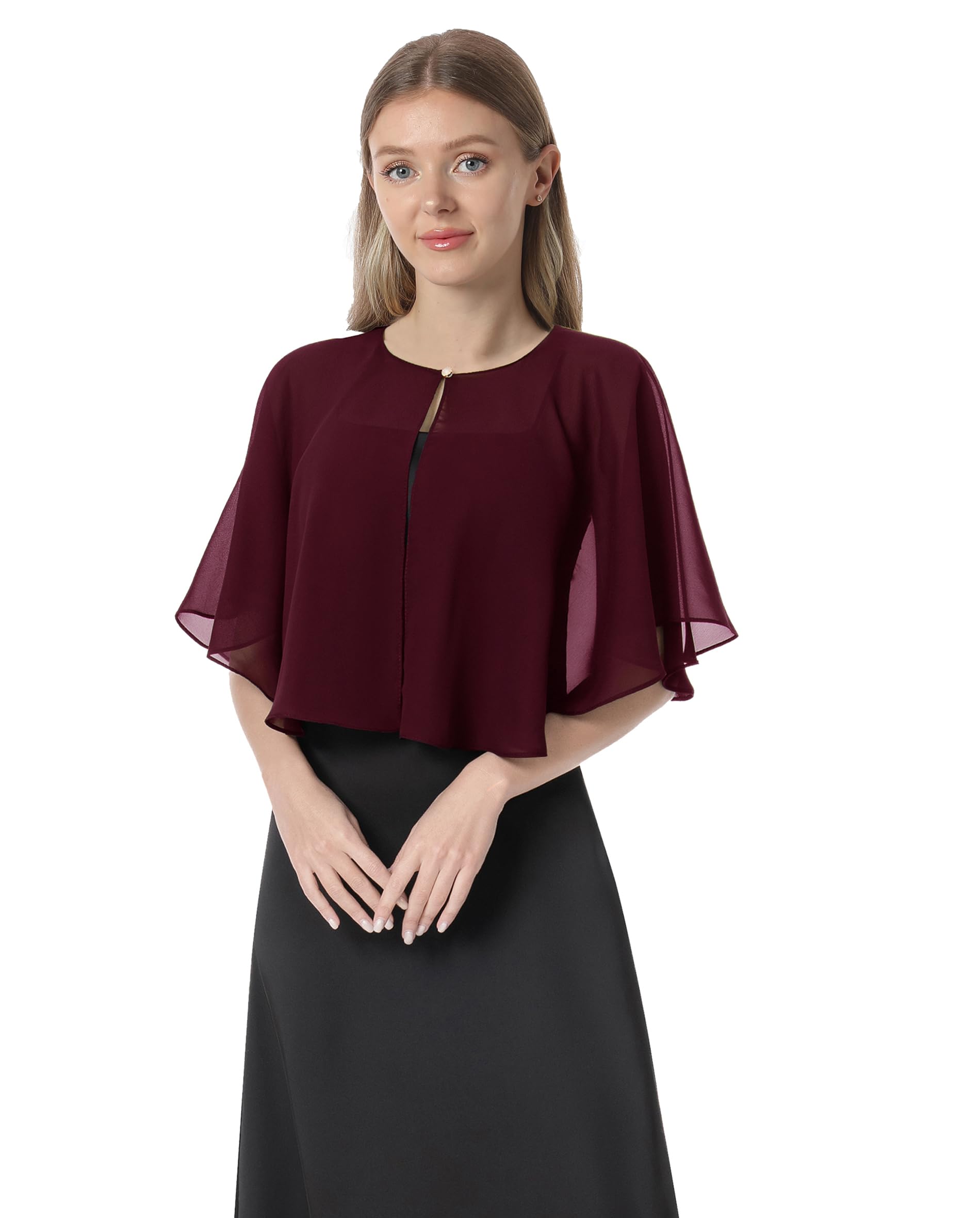 Soft Capelets capes Shawls and Wraps for Dress Chiffon Shrug Wedding Cape Cover Up, Burgundy, One Size