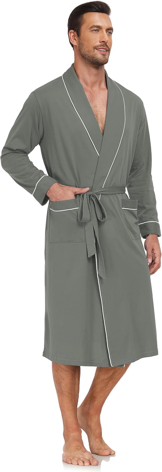 EA'S SECRET Men's 100% Cotton Robes Lightweight Long Sleeve Kimono Bathrobe Soft Over the Knee Sleepwear