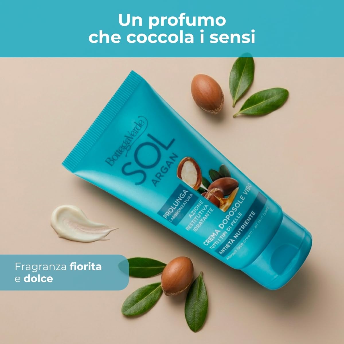 Bottega Verde - SOL Argan, Crema Viso Doposole, 50 ml, Antietà Nutriente, Prolunga l’Abbronzatura, Idrata e Dona Sollievo, con Olio di Argan e Collagene Vegetale, Per Tutti i Tipi di Pelle