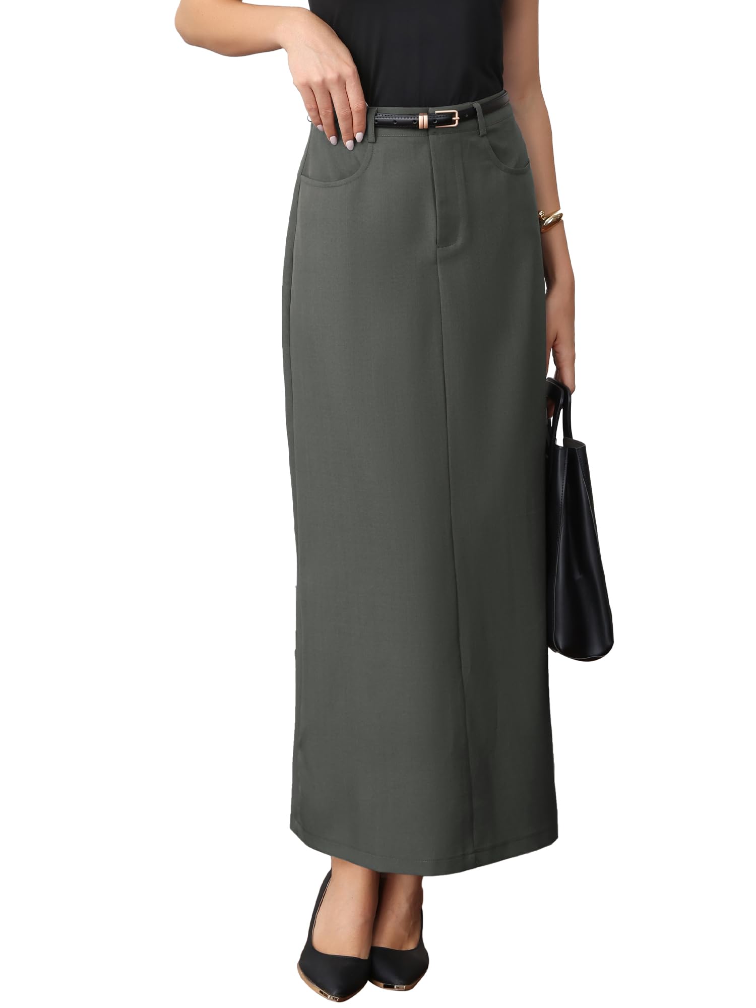 Allegra K Work Pencil Skirt for Womens High Waist Pockets Slip Back Office Midi Bodycon Skirts