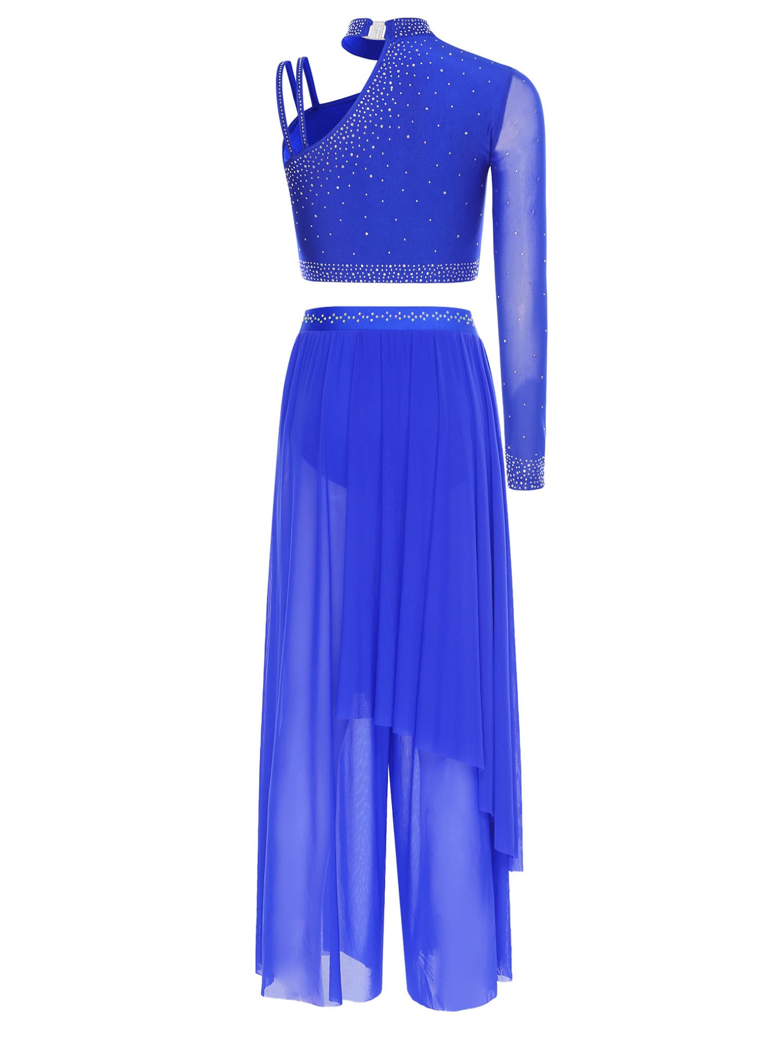 Traje Bailarina Ballet Mujer Vestido Baile Contemporáneo Crop Top Danza de Manga Larga y Pantalones Malla de Gimnasia Rítmica Traje de Baile Azul real M