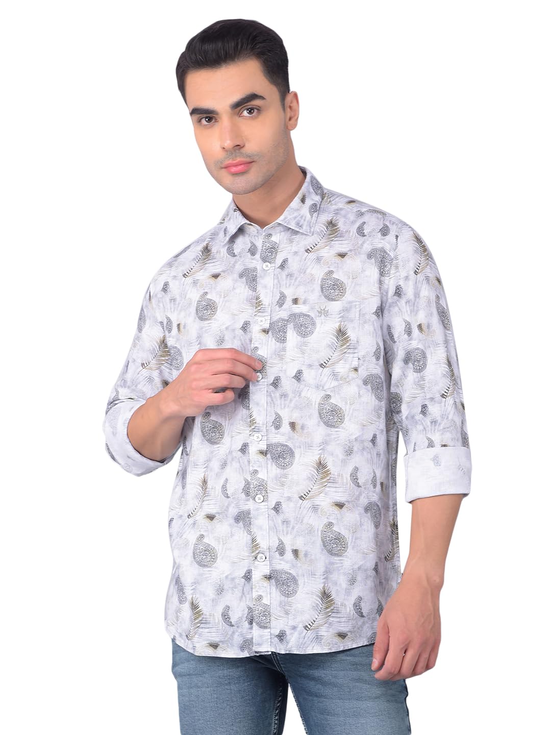 Crimsoune Club Men's Olive Floral Print Linen Shirt-image-17