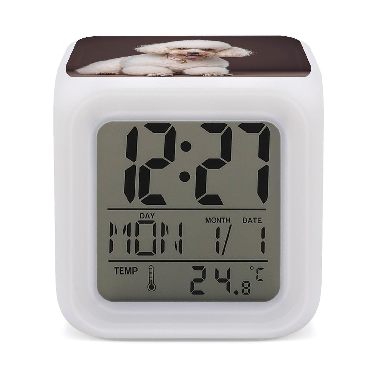 FekiLoot French Poodle Alarm Clock for Heavy Sleepers Small Digital Alarm Clock with Date Temperature Wake Up Digital Clocks with 7 Colors Changing Desk Clocks for Bedroom Bedside Nightstand