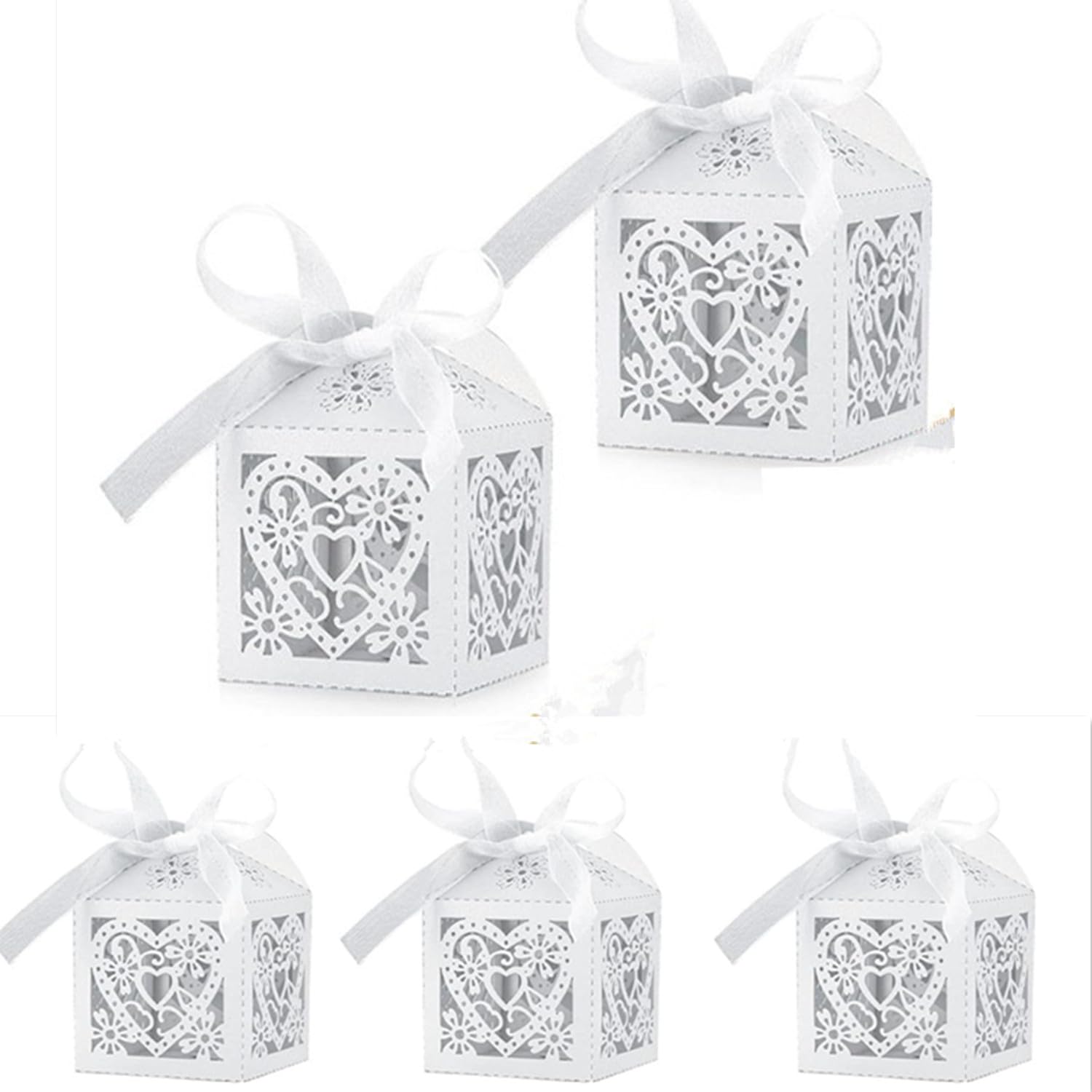 HJRUIUA 100 Piezas Boda Cajas Papel con Cintas Blanco, Dulce Patrón Fiestas, Artesanía Hueca, Decoración para Boda, Regalos de Invitados etc.