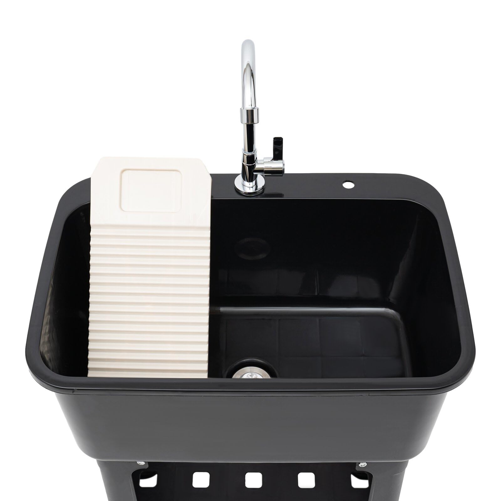 Fregadero independiente con grifo giratorio de 360°, estante de almacenamiento, tabla de lavado y manguera, fregadero multifuncional de altura ergonómica de 30 pulgadas con amplio espacio inferior