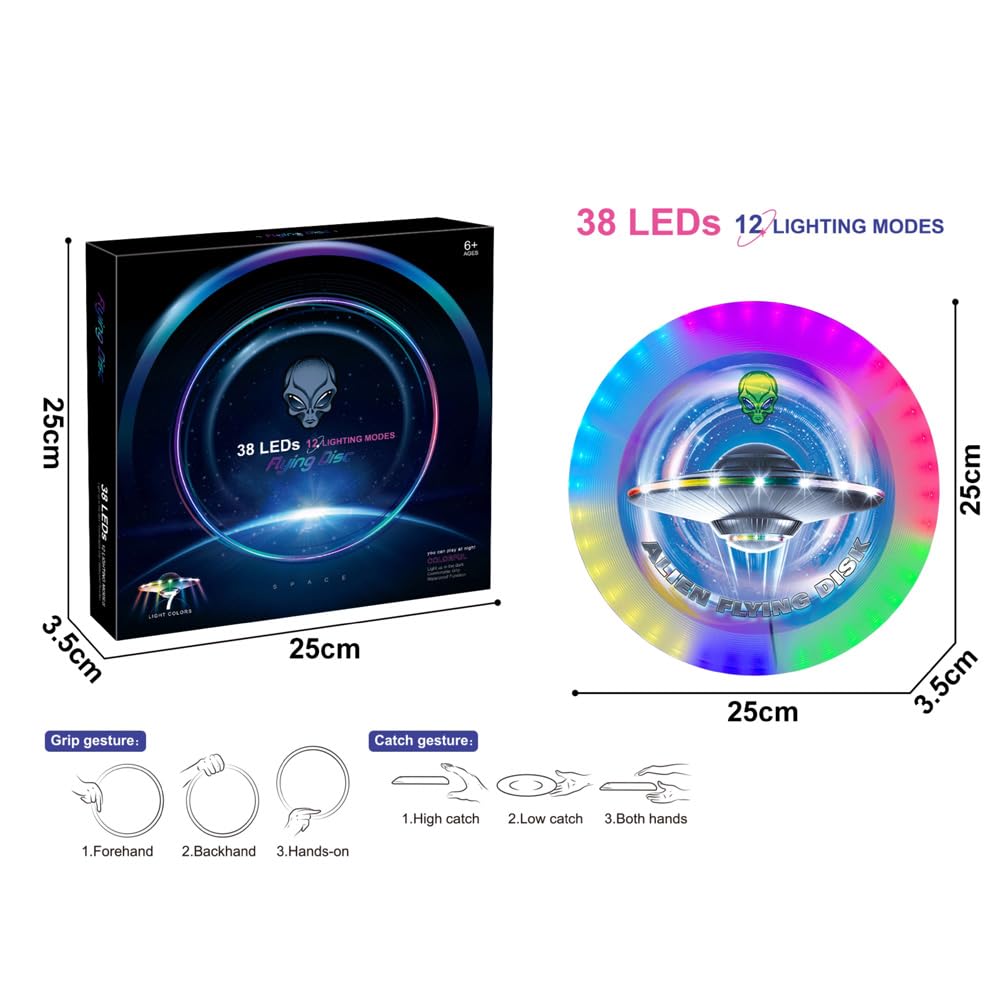 LETAO RGB Flying Disc - 38 LEDs, 12 Lighting Modes, Rechargeable, Waterproof, Lightweight & Safe for Kids & Adults