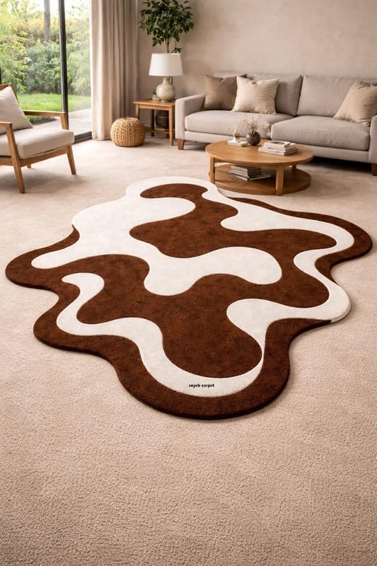 Image of Irregualr Shape Hand Tufted Carpet Pure Soft Wool Non Slip & Durable Easy to Clean Floor Area Rug Modern Design Carpet for Living Room 5X8 Feet (150x240 cm)