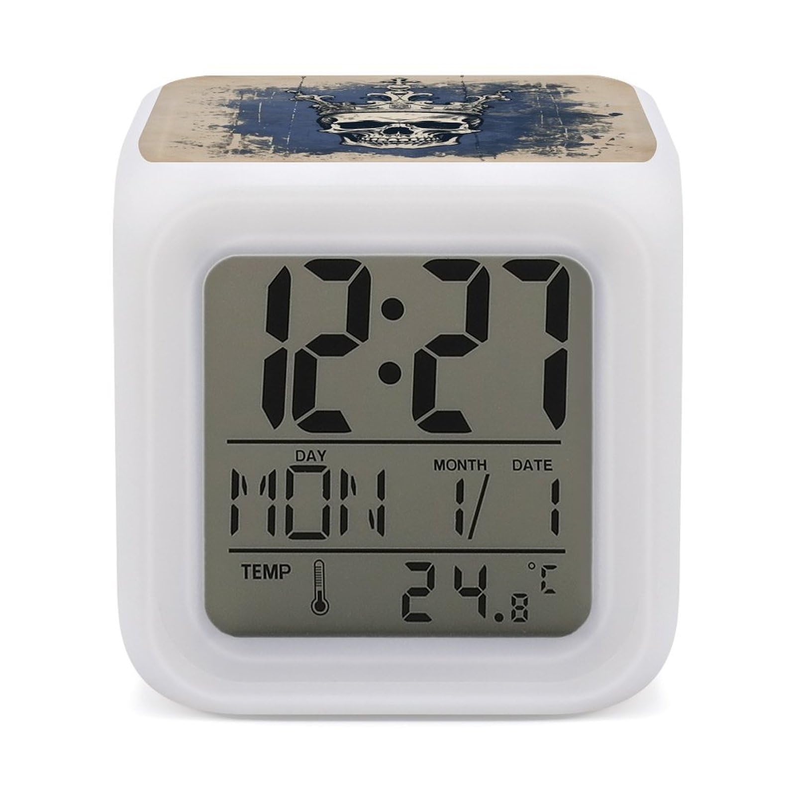 JTREHY 7 Color Changing LED Digital Alarm Clock,Vintage Skull Crown Printed Wake-up Clock with Temperature Display Home Decoration Alarm Clock for Bedroom Office