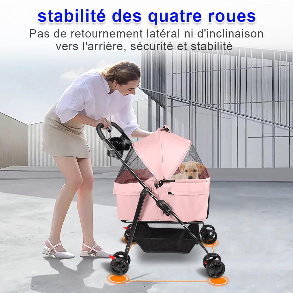 OHMG 3 in 1 Buggy faltbar Hund Katze Aufbewahrungskorb Getränkehalter Stoff 600D Oxford wasserdicht 4 Räder verschleißfest 360° Fenster aus Netz, Getränkehalter