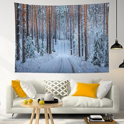 LB Winter Forest Christmas Tapestry, Snowflake with Xmas Brown and Green Pine Tree Wall Tapestry for Bedroom, Winter Snow Scene Wall Art for Living Room Home Decor, 40L x 60W Inches