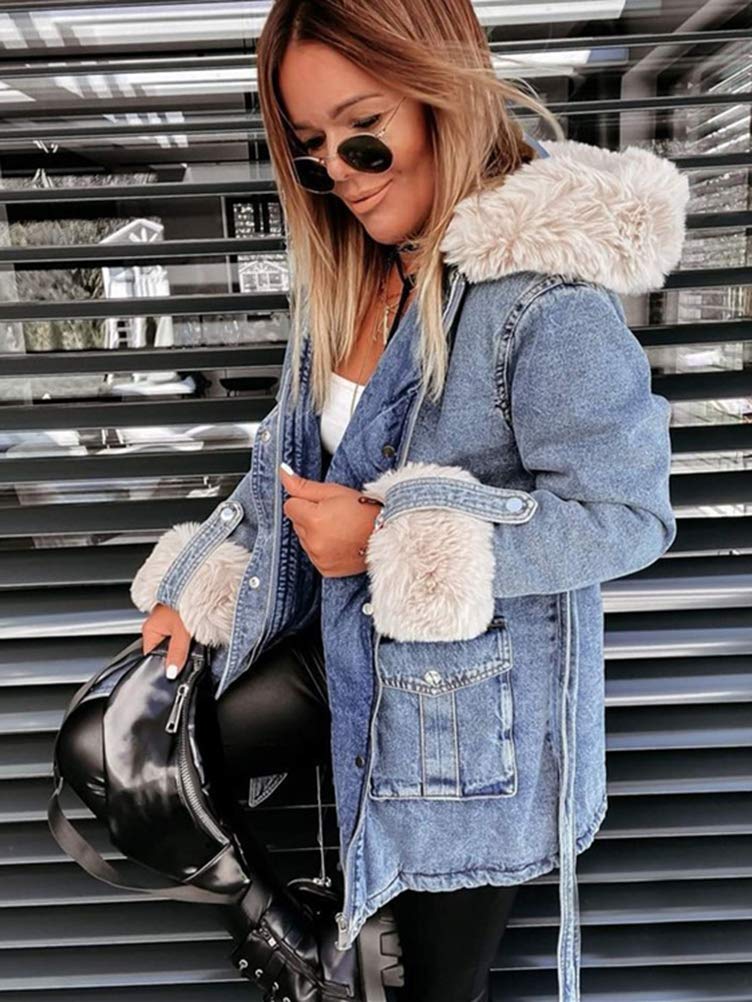 Minetom Chaqueta Vaquera para Mujer Invierno Cuello De Piel Abrigo Chaquetas De Mezclilla Tallas Grandes Suelto Casual Peludo Caliente Moda Outwear Capa Espesar Abrigo