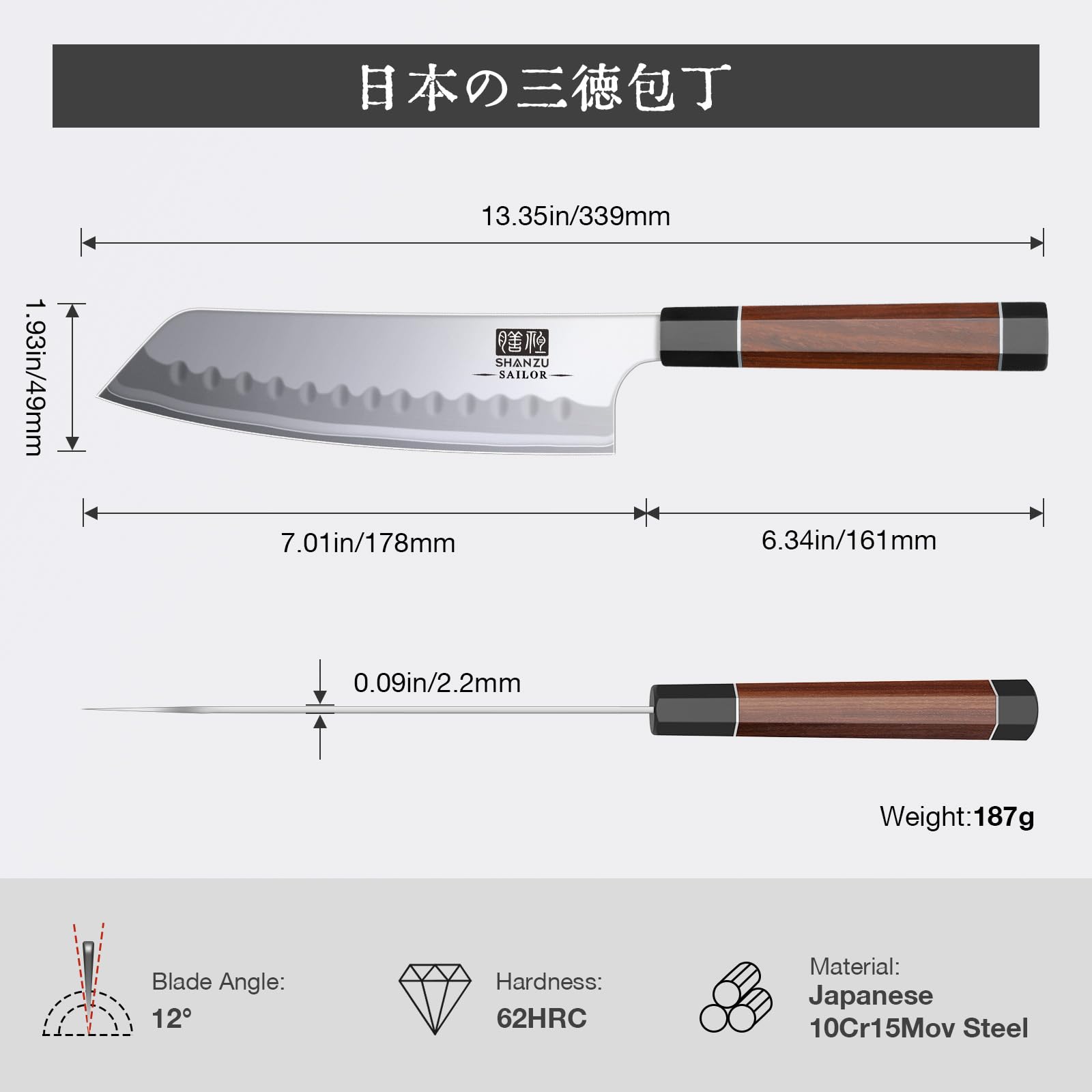 SHAN ZU 7 Inch Japanese Santoku Knife, 9 Layers 10Cr15MoV High Carbon Steel — Amazon image 8
