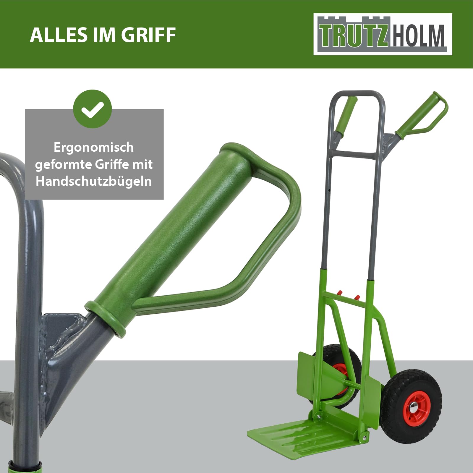 TRUTZHOLM Sackkarre pulverbeschichteter Stahl Tragkraft 200 kg 112,5 cm Höhe große klappbare Ladefläche 29x29 cm pannensichere Vollgummiräder ergonomische Sicherheitsgriffe mit Handschutzbügel