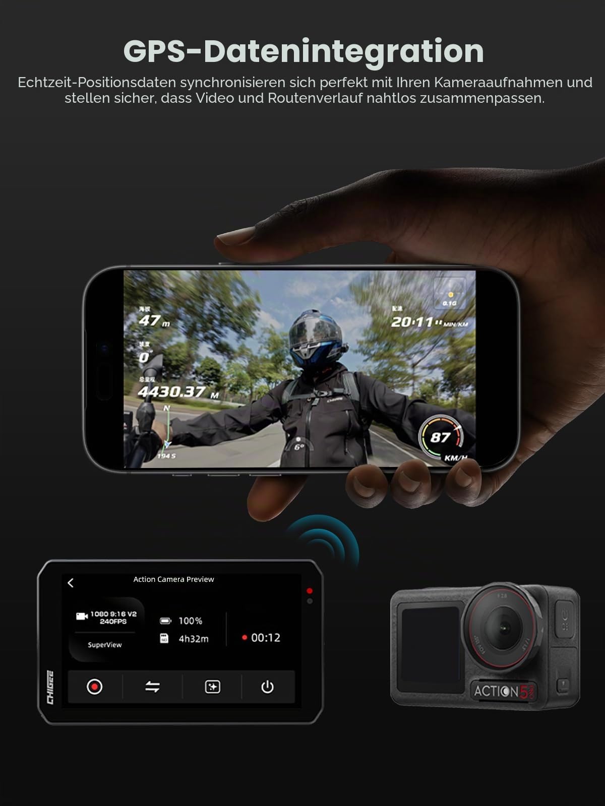 CHIGEE AIO-5 EVO Motorcycle Smart Riding System, Wireless CarPlay & Android Auto, Dual 1080P Front & Rear Dash Cam, Blind Spot Detection (BSD), 5" Waterproof Display, Parking Mode