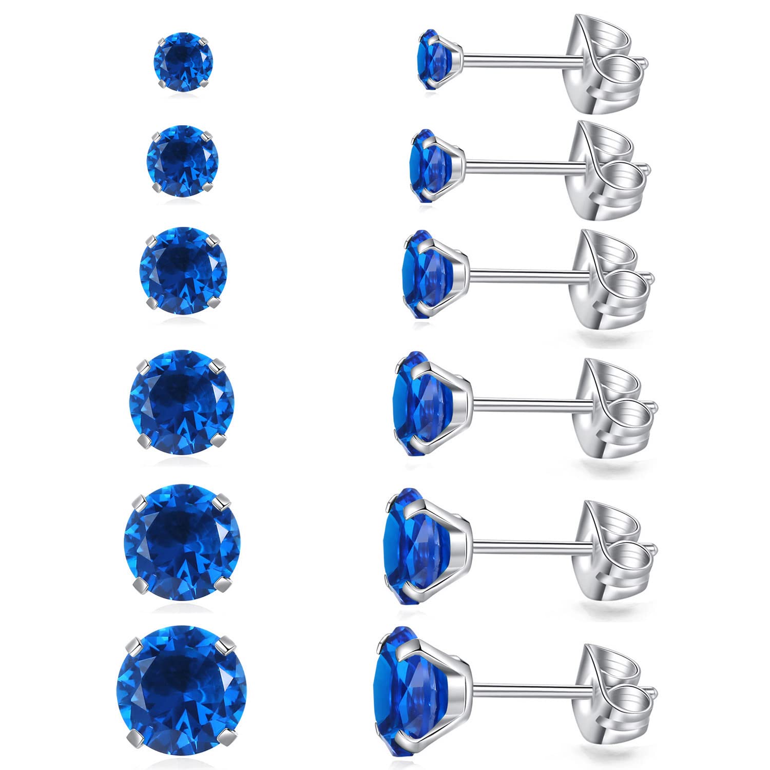 6 Pairs Stud Earrings Set, Hypoallergenic Cubic Zirconia Earrings 316L Stainless Steel CZ Earrings 3-8mm