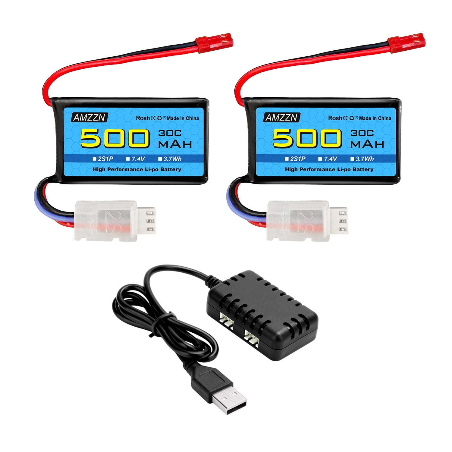 2PCS 7.4V 500mAh 30C JST-2P Lipo spina della batteria con caricabatterie 2-in-1 adatto per elicotteri RC, quadcopter, auto da corsa micro FPV, auto RC, camion e veicoli ad alta velocità