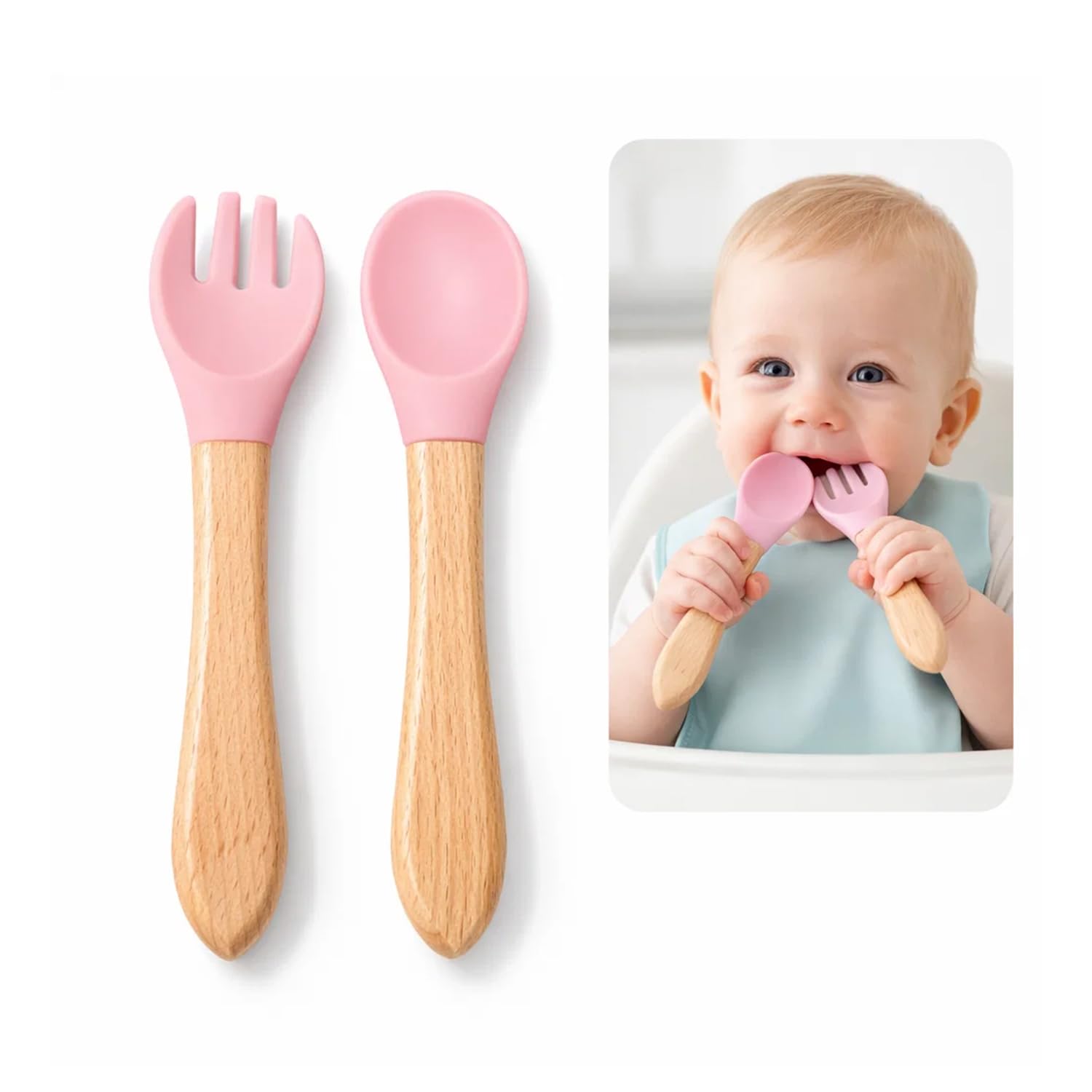 BabyGo Baby Spoon and Fork Set, Soft Silicone, Wooden Handle, Cutlery Set, BPA Free, Pack of 2 (Pink)-image-37