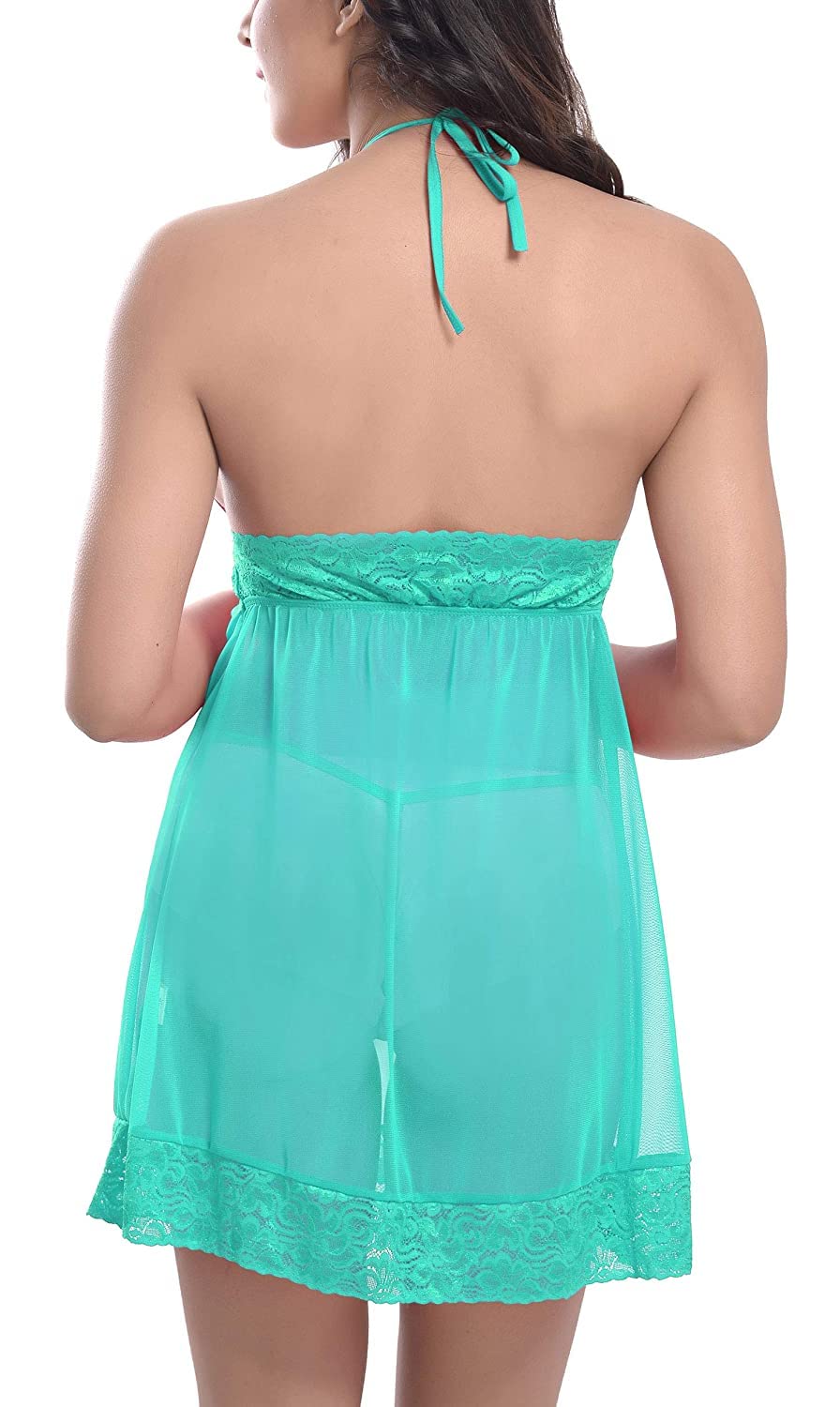 Ensemble nuisette en dentelle avec col en V et string Vert d'eau Taille unique