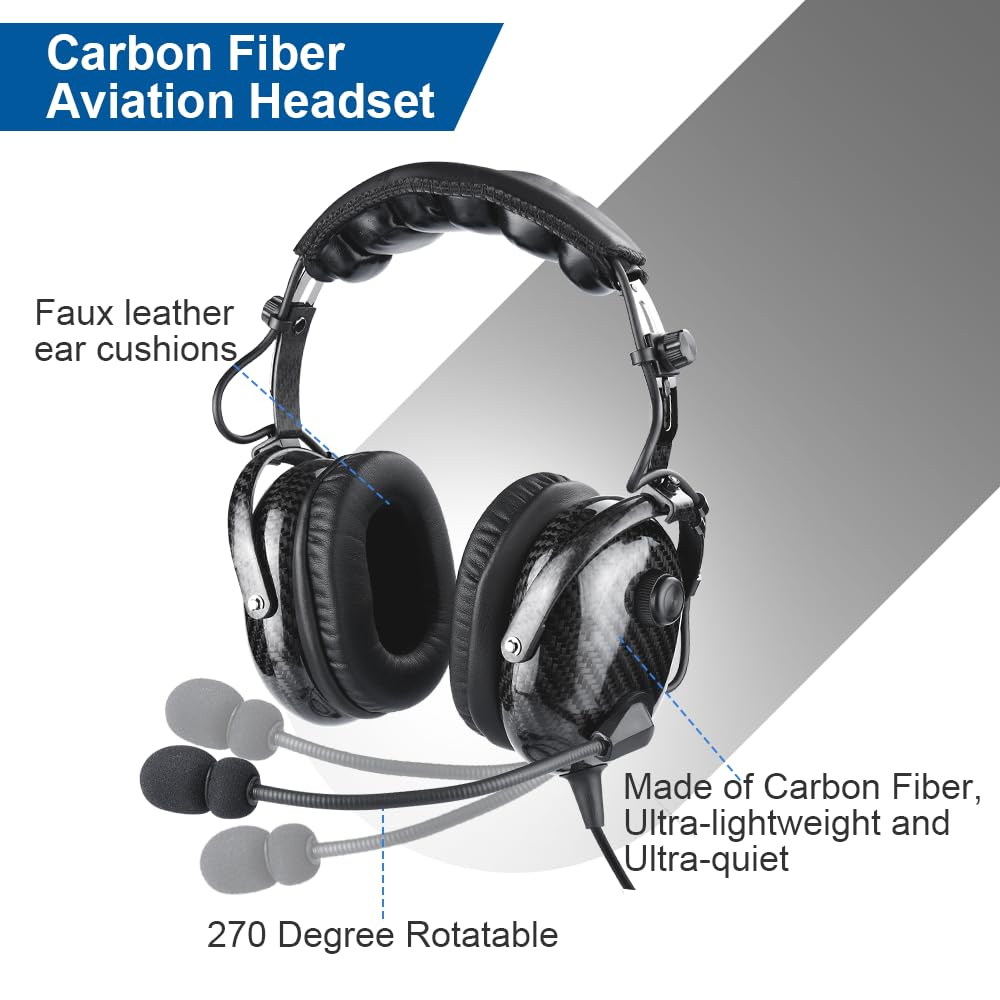 Cuffie aviazione in fibra di carbonio con riduzione passiva del rumore, compatibilità mono e stereo, microfono con cancellazione del rumore, ingresso MP3, include borsa per cuffie