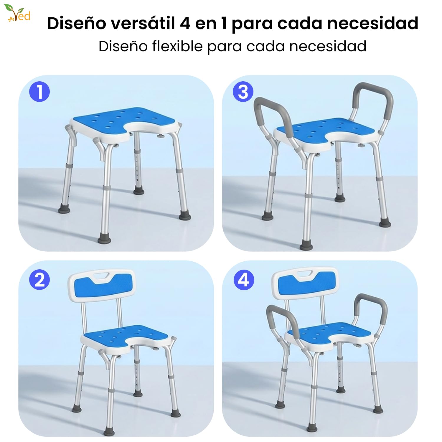 Silla de Ducha VED, Asientos de Ducha en Forma de U con reposabrazos y Respaldo, Taburete de Ducha Ajustable en Altura de 6 Pulgadas, Silla de bañera, Capacidad de 330 LB