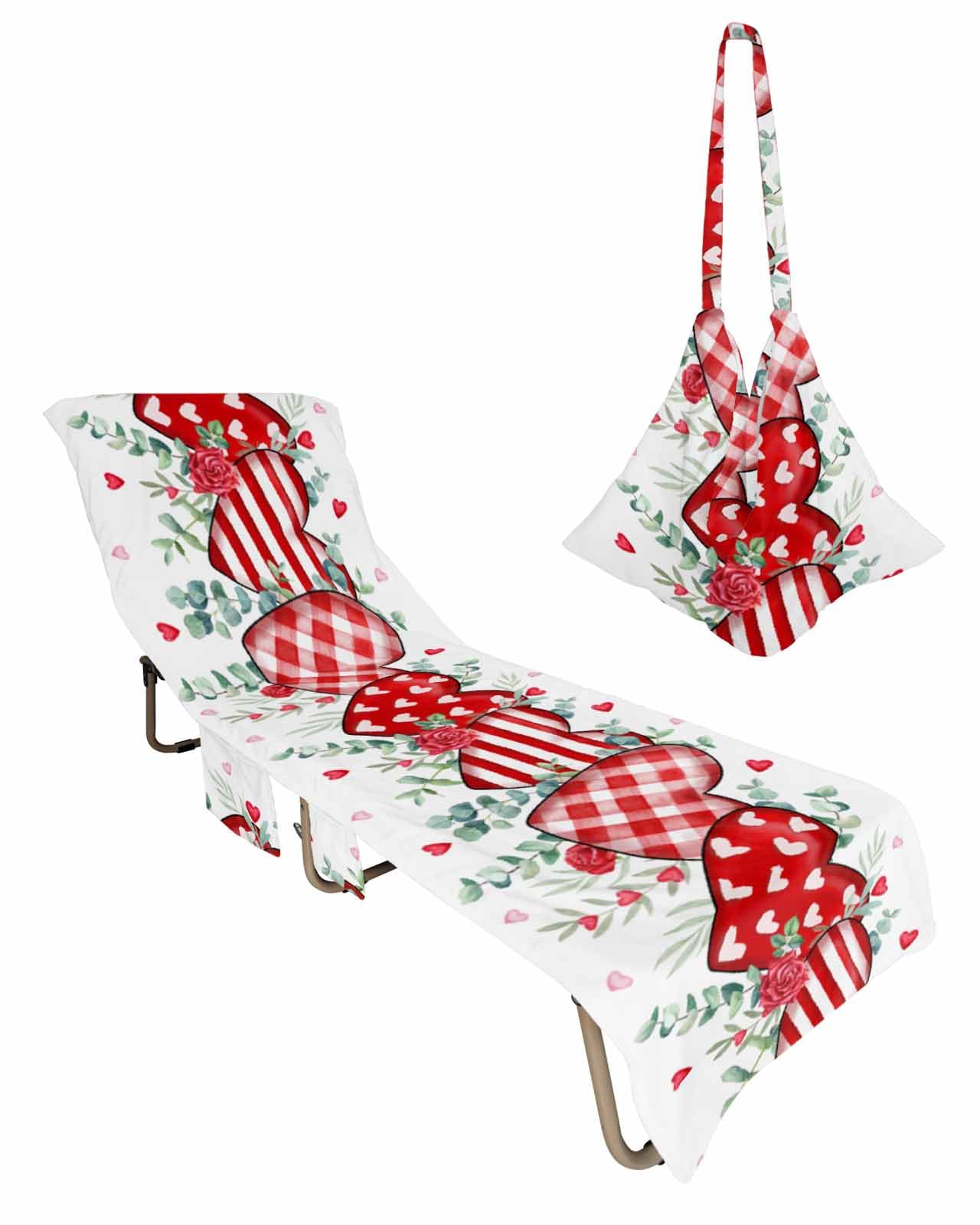 Valentine's Retro Love Beach Chair Towel Covers for Chaise Lounge with Side Pocket, Soft Plush Pool Towels Cover for Patio Sunbathing Outdoor 29''x85'' Green Eucalyptus Leaves Plaid