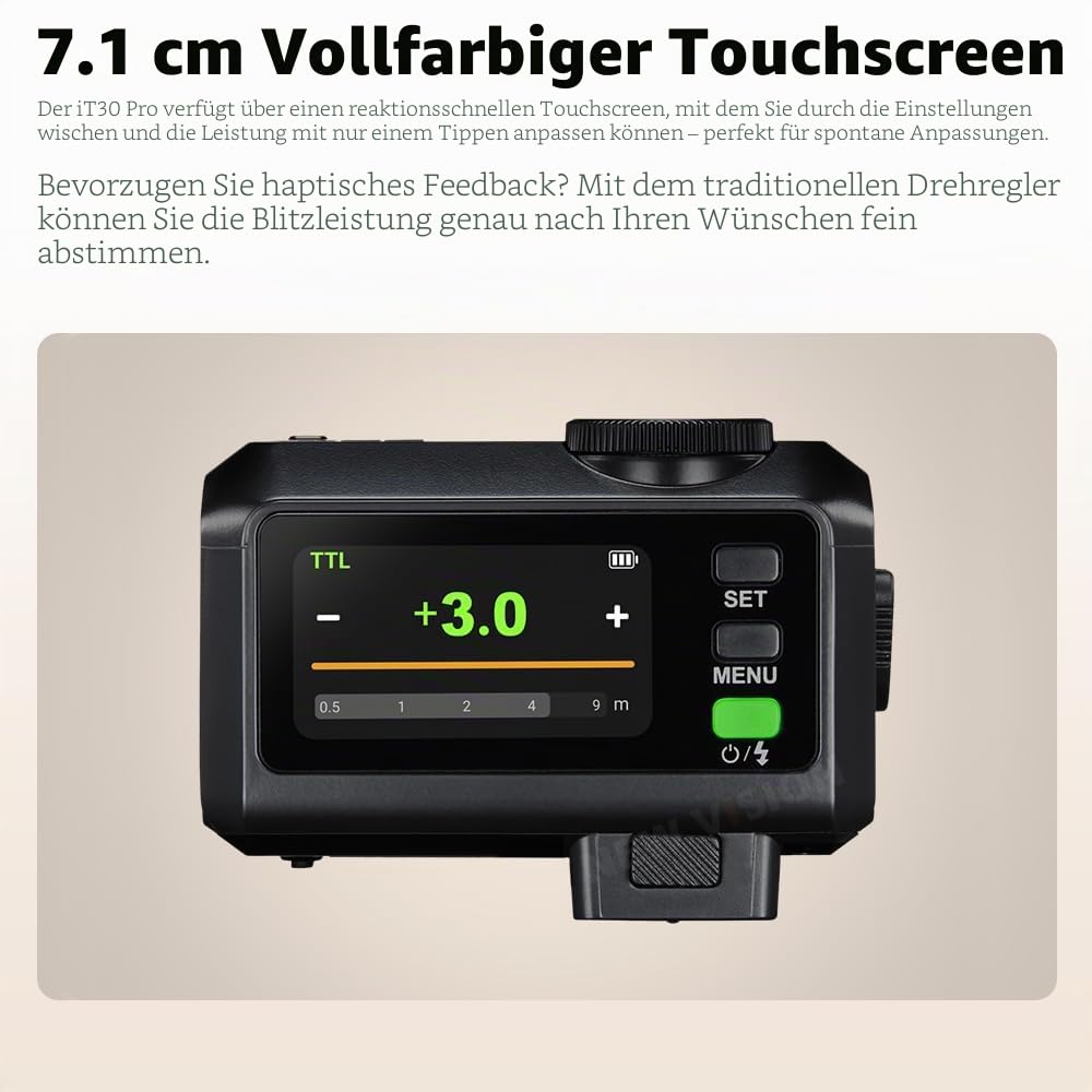 Godox iT30 Pro F iT30Pro-F Mini-Blitz für Fuji-Kamera, TTL-Autobelichtung, HSS 1/8000 Sekunden, 2,4 G Wireless Xsystem, 7,1 cm Touchscreen, 900 mAh Lithium-Akku (schwarz)