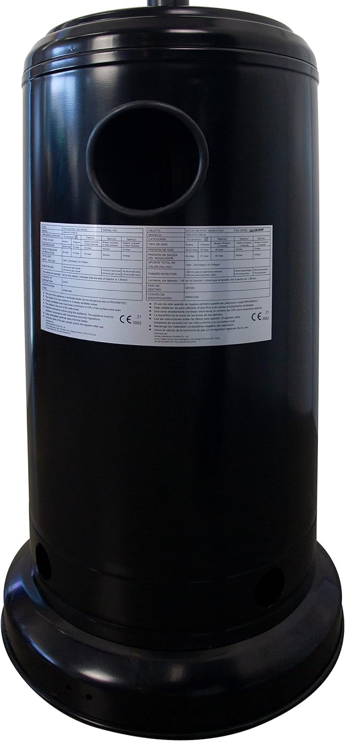 Suinga Calefactor exterior, Estufa de gas de acero para exteriores de 13 kW con ruedas, Sistema anti-vuelco, Parasol calefactor, negro