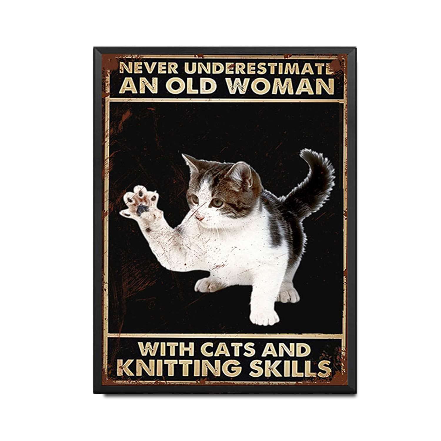 HYCLAM Tin Sign Never Underestimate Knitting Skills Vintage Style Signs Wall Signs Cafe and bar Art Wall Hanging 12x16inch-Metal Frame