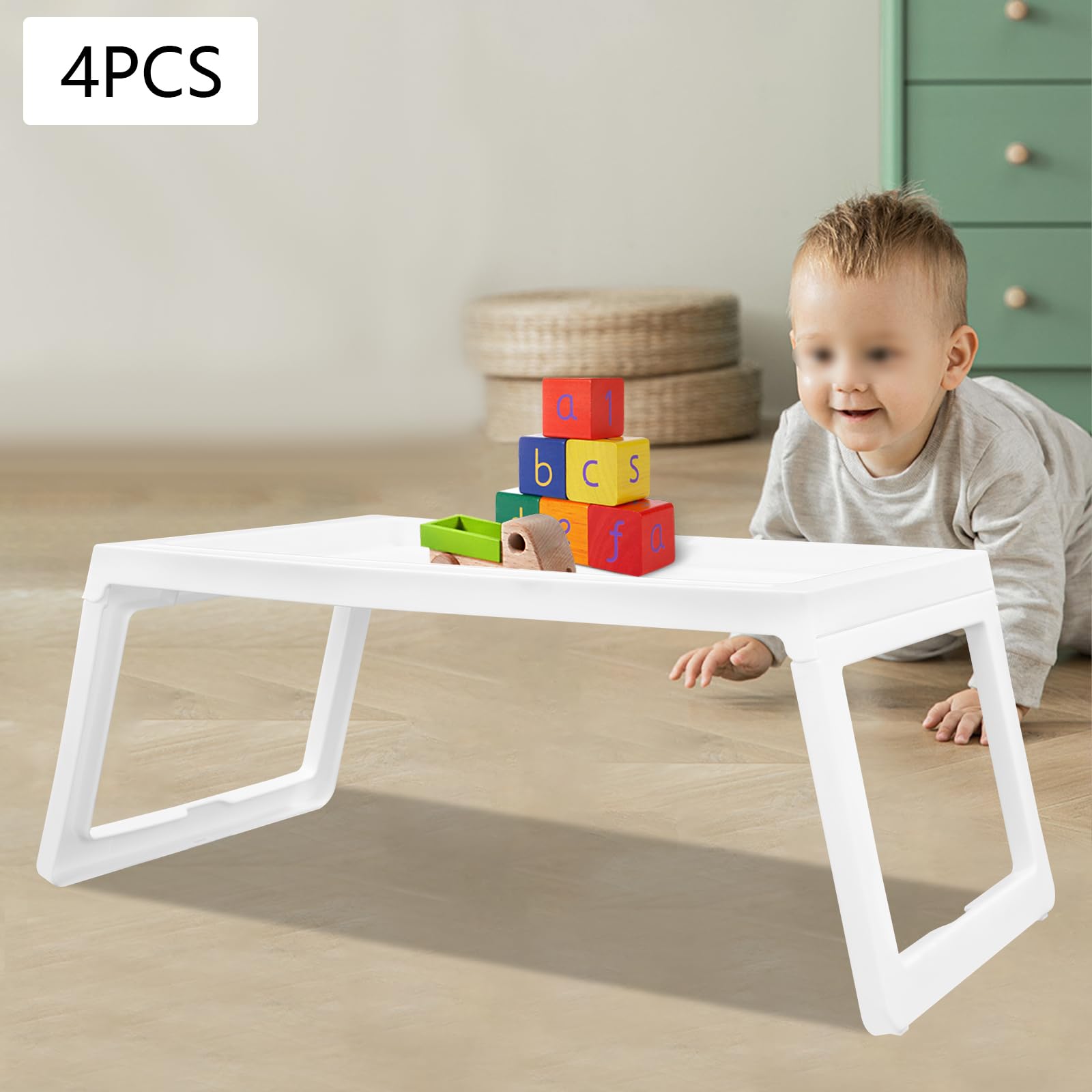 4 tabletas de cama con patas plegables, mesa de cama de plástico blanco, bandeja de desayuno para bandeja de cama, limpieza sin esfuerzo, bandeja de cama con ranura para teléfono móvil,