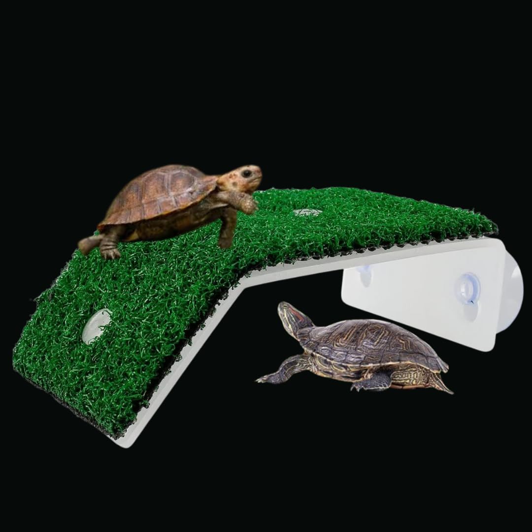 Premier Plants Acrylic Small Turtle Basking Platform Simulation Tortoise Resting Pad Terrace with Artificial Grass Lawns Climbing Ladder (CP-80) (CP-80)