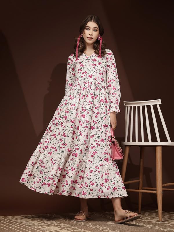 Image of Daevish New Gold Printed 3 /4 Sleeves Flared Maxi Length Dress for Women & Girl's | Maxi Dress for Women | Women Flared Dress