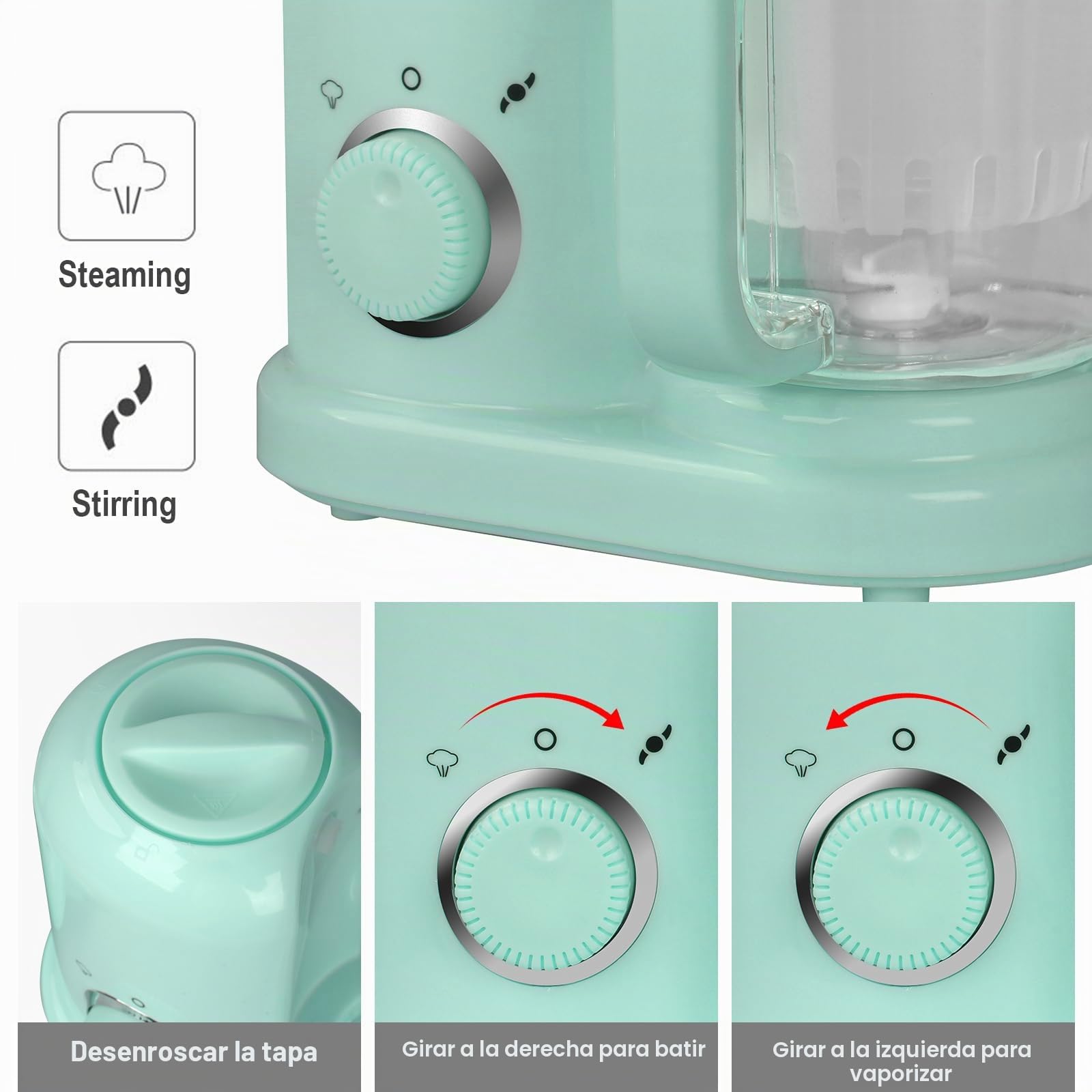 Robot Multifunción 4 en 1 para Bebé: Vaporizador, Batidora, Diversificador de Alimentos, Cocedor al Vapor, Descongelación y Recalentamiento - Cocción Suave y Rápida (Verde)