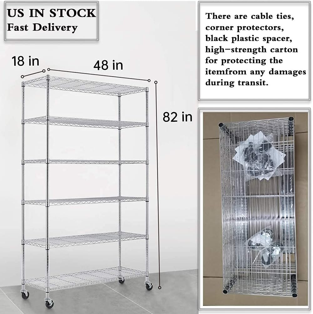 🔥 Hоt Dеаlѕ Storage Metal Shelf 6 Tier 82x48x18 Wire Shelving Unit with Wheels Sturdy Steel Layer Rack with Casters Heavy Duty for Restaurant Garage Pantry Kitchen Space-Saving Overall Chrome Kitchen Rack
