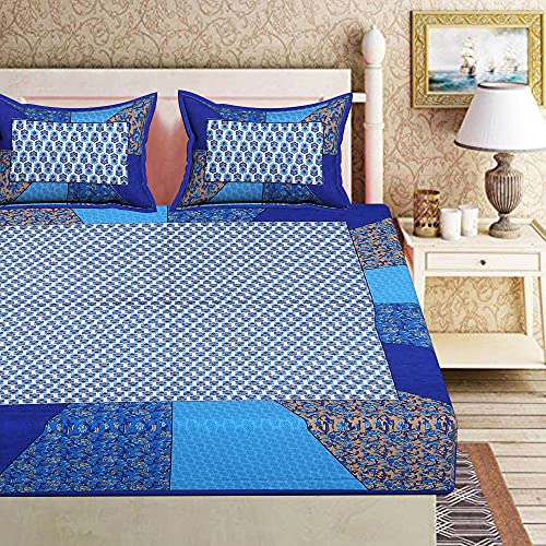 Image of RajasthaniKart Comfort Rajasthani Jaipuri Traditional Sanganeri Print 144 TC Cotton Double Size Bedsheet with 2 Pillow Covers - Yellow, King (Double, Blue)