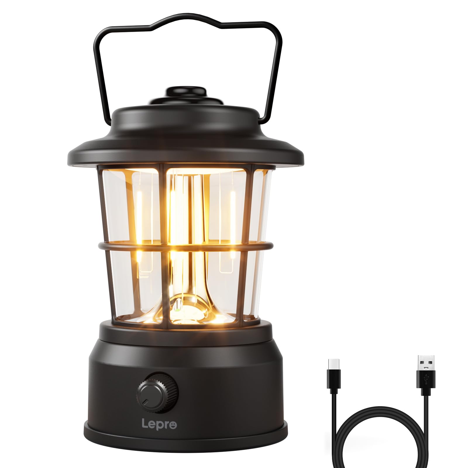Lepro Black Rechargeable Camping Lantern, 3600Mah Retro Dimmable Tent Light