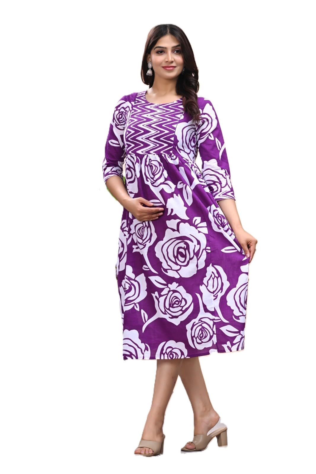anuvan vastra Maternity Gown for Women | Cotton Floral Print Feeding Dress | Pre & Post Pregnancy Kurta | 3/4 Sleeves, Round Neck, Knee Length with Side Zippers for Easy Feeding-picture-54