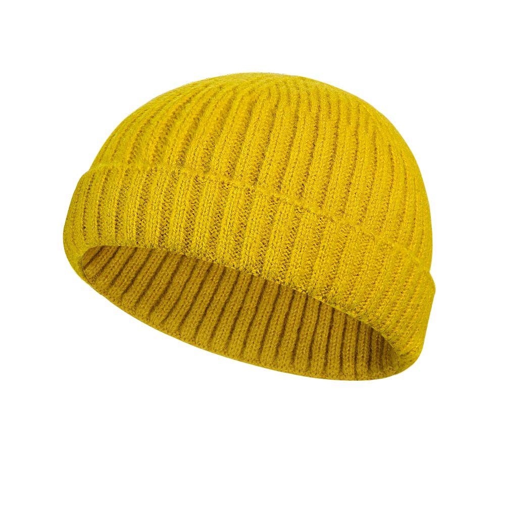 Samserot Men's Yellow Winter Wool Knit Trawler Beanie Hat Short Fisherman Skullcap Knit Beanie Cap For /Wo