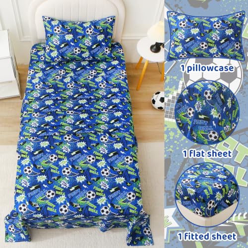 Image of Viviland 3 Pieces Boys Soccer Twin Sheet Set - Soft Microfiber Fitted Flat Sheets & Pillowcase Bed Sheet Set - Navy Football Print Bedding Sets for Kids