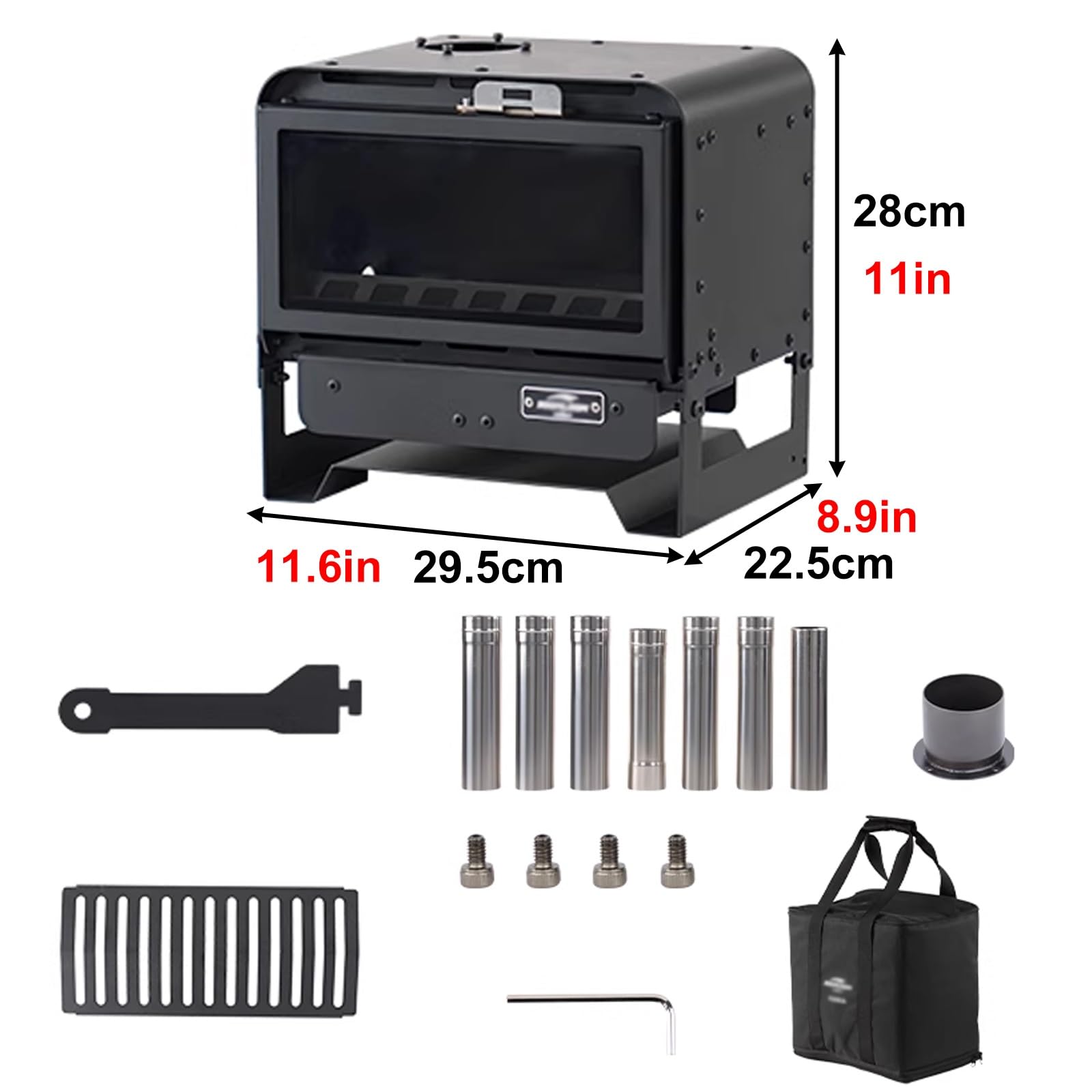 Stufa a Legna da Campeggio Materiale in Acciaio Al Carbonio Vetro Microcristallino Mini Stufa a Legna Portatile Bordi Arrotondati Adatto per Campeggio e Tende