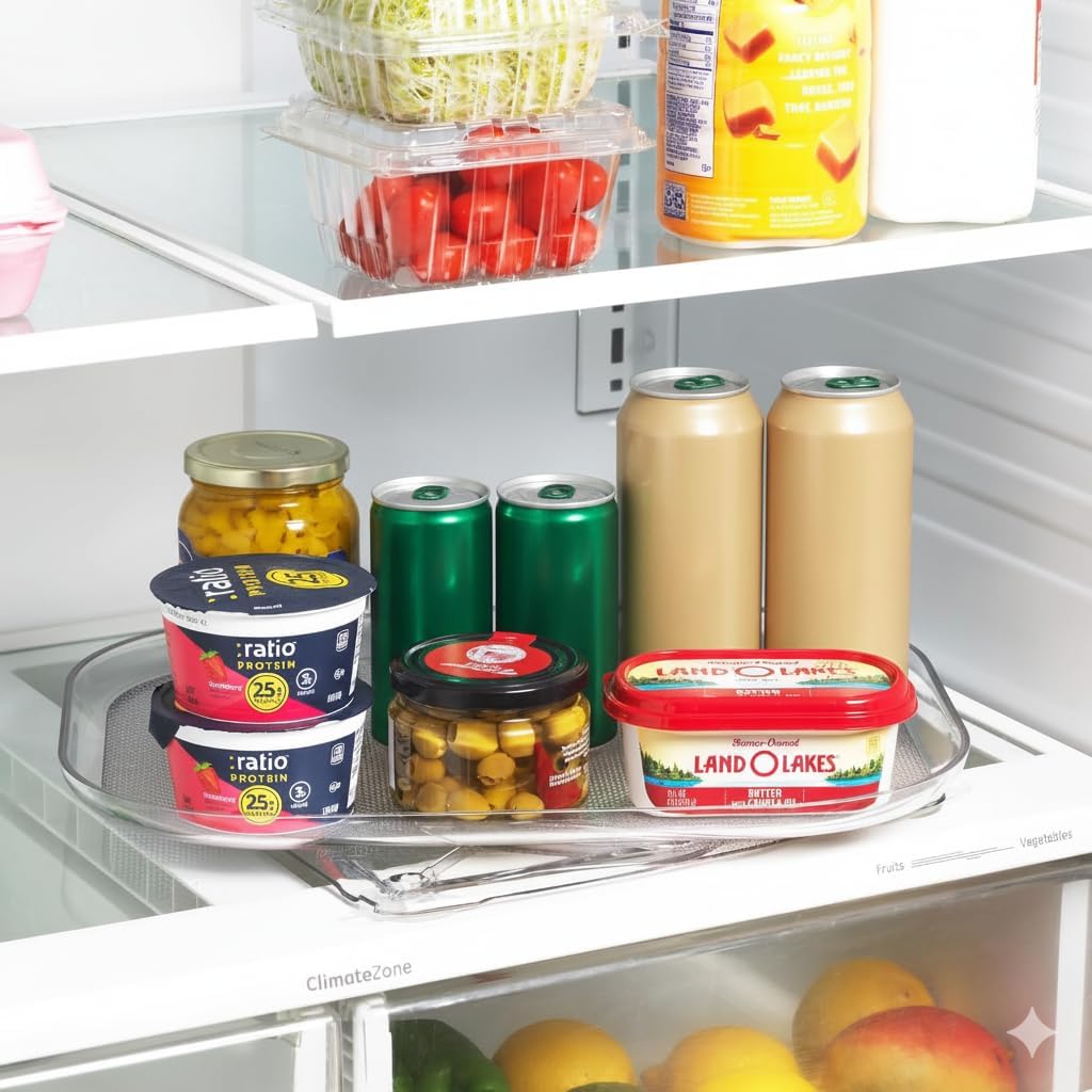 Oizeir Refrigerator Lazy Susan Turntable – Clear Rectangular Fridge Organizer with Suction Cups, 360° Rotating Tray for Side-by-Side Refrigerators, Cabinet & Pantry Organization