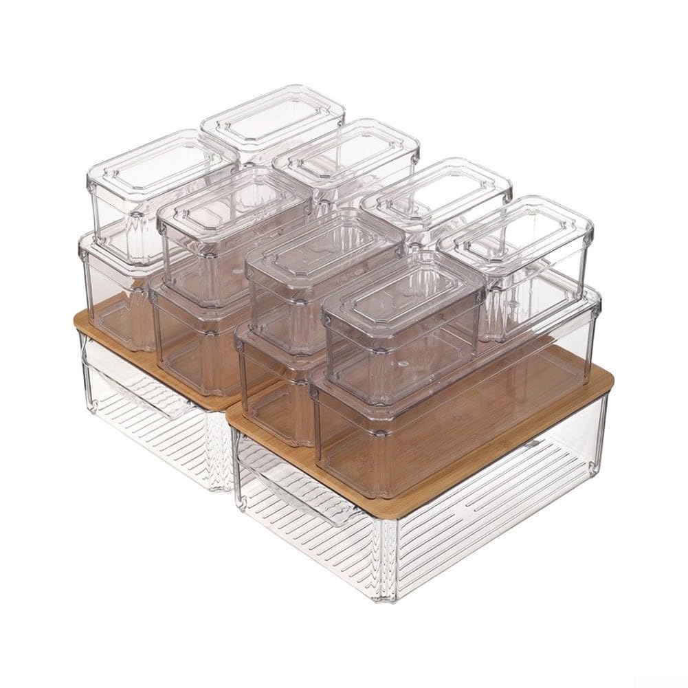 Organizadora Nevera PET Transparente con Tapa para madera Organizadora(Fourteen-piece set) | PET transparente, tapa para madera natural, tabla cortar integrada, , para fácil manual