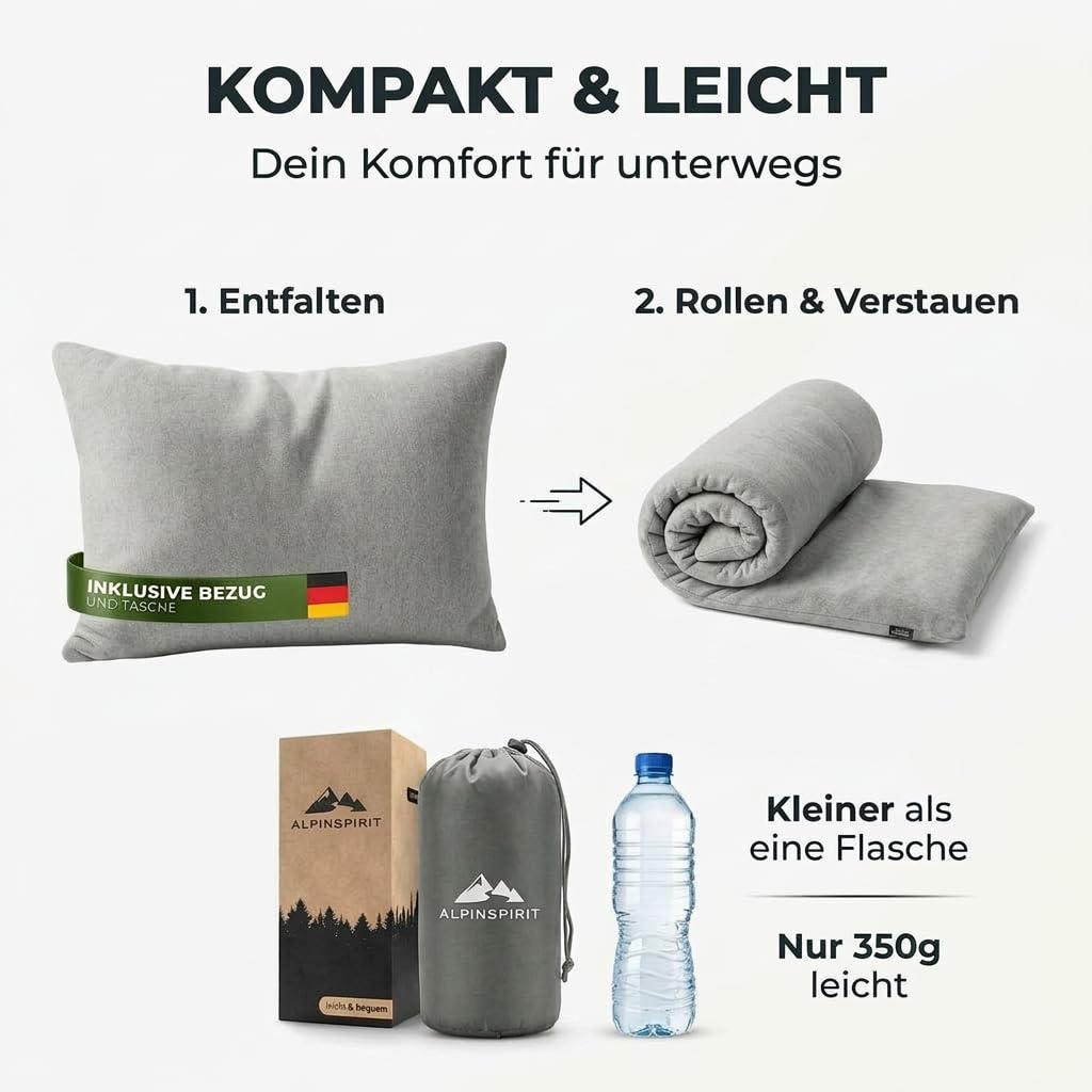 Coussin de camping et de voyage [100 % coton] Coussin en mousse à mémoire de forme ultra léger, lavable à 30 °C, petit format une fois replié, 40 x 30 cm, léger et compact pour l'extérieur