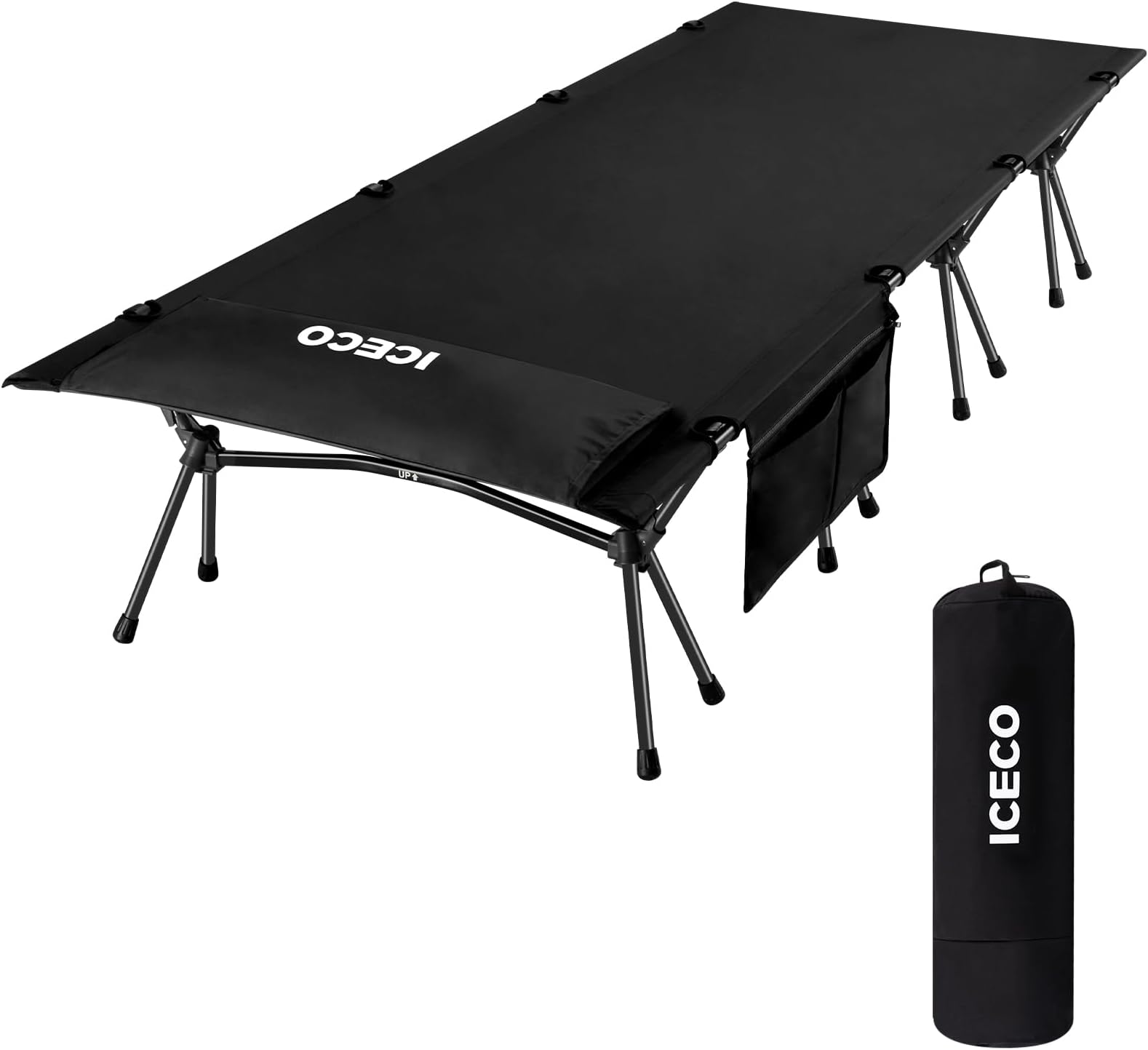ICECO Camping Cot for Adults, Folding Cot for Camping, Portable Bed Sleeping Cot, Lightweight Backpacking Cot Strong Support 330 Lbs, Tent, Outdoor, Hiking, Travel, RV, Beach(Wider Black)