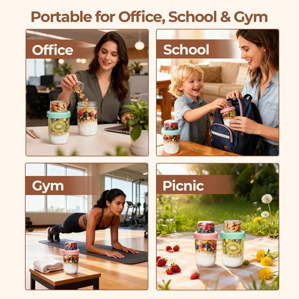 Pack de 4 Pots à Yaourt en Verre à Double Couche pour -Déjeuner, Idéaux pour Yaourt, Céréales et Fruits.