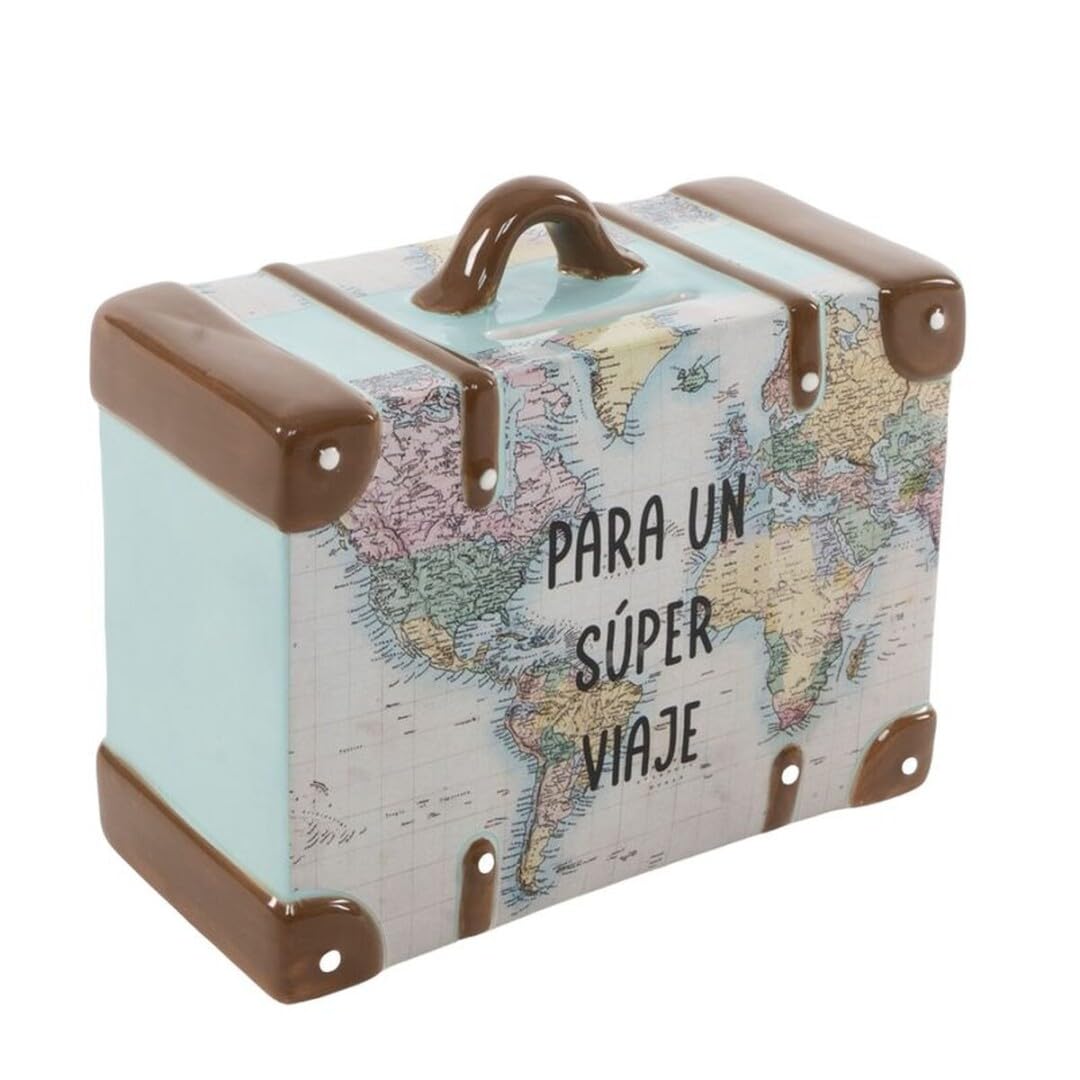 Hucha Decorativa Maleta Ceramica - para un Super Viaje, 14,7 x 13 x 7,1 cm. Hucha con Tapa.