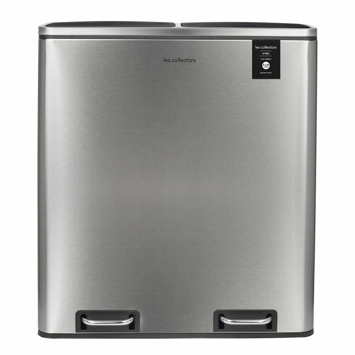 Les Collectors Poubelle de tri à pédale N°904, Acier inoxydable, Double compartiment de 30L, Sac compatible 30L, Tri sélectif, Seaux amovibles, Résistante, Pratique, Fermeture silencieuse, Inox