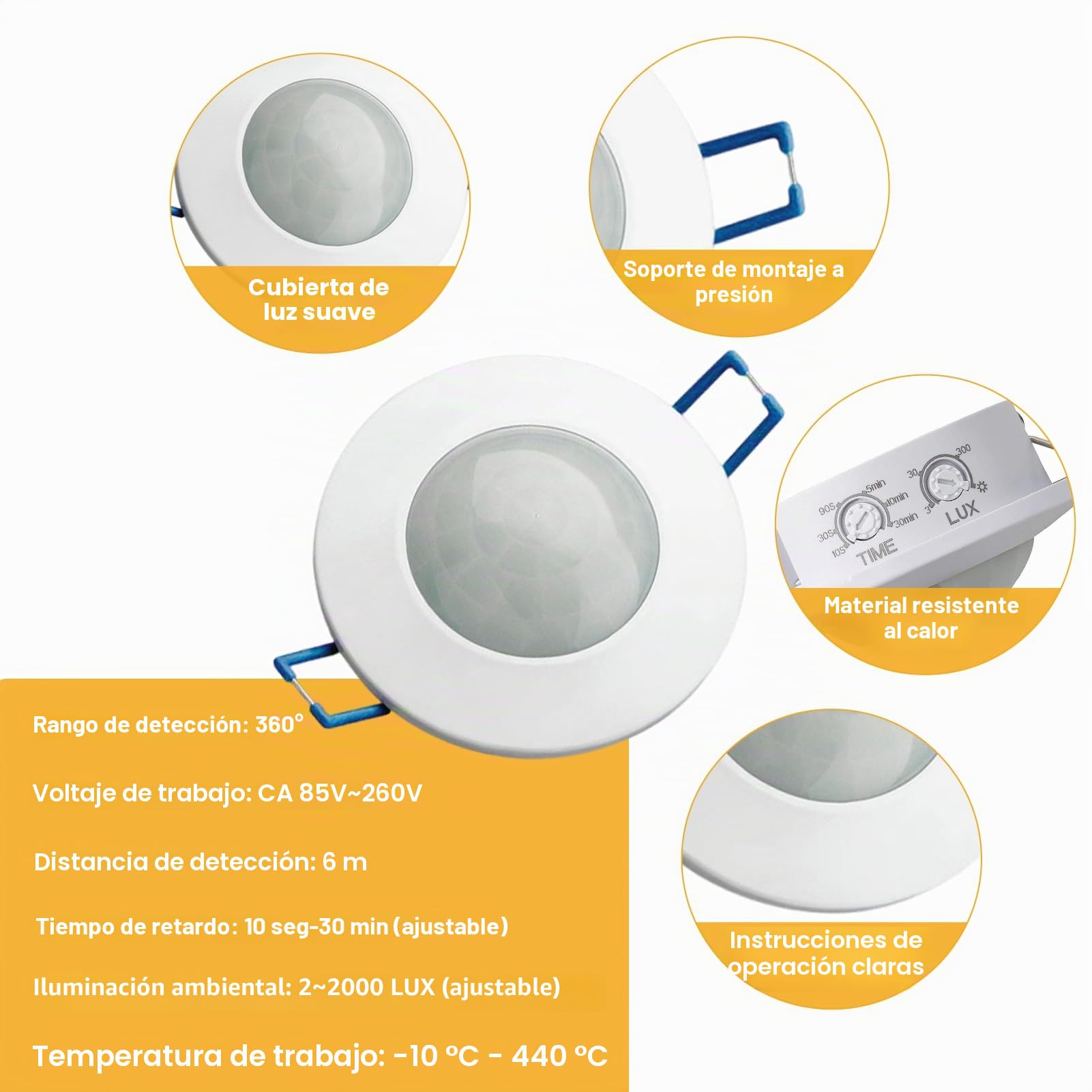 Detector de Movimiento Interior Empotrado Techo Sensor de Movimiento de Presencia Rango de Detección 360° 230V Interruptor Detector Luz Ajustable 10s–30min para Lámparas LED Adecuado